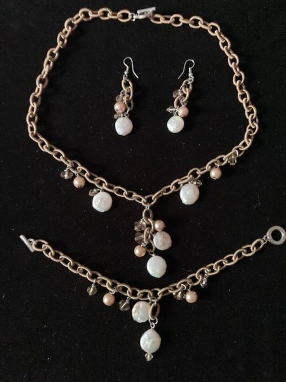 Cream Beads on Decorative Chain Necklace, Bracelet and Earrings Set